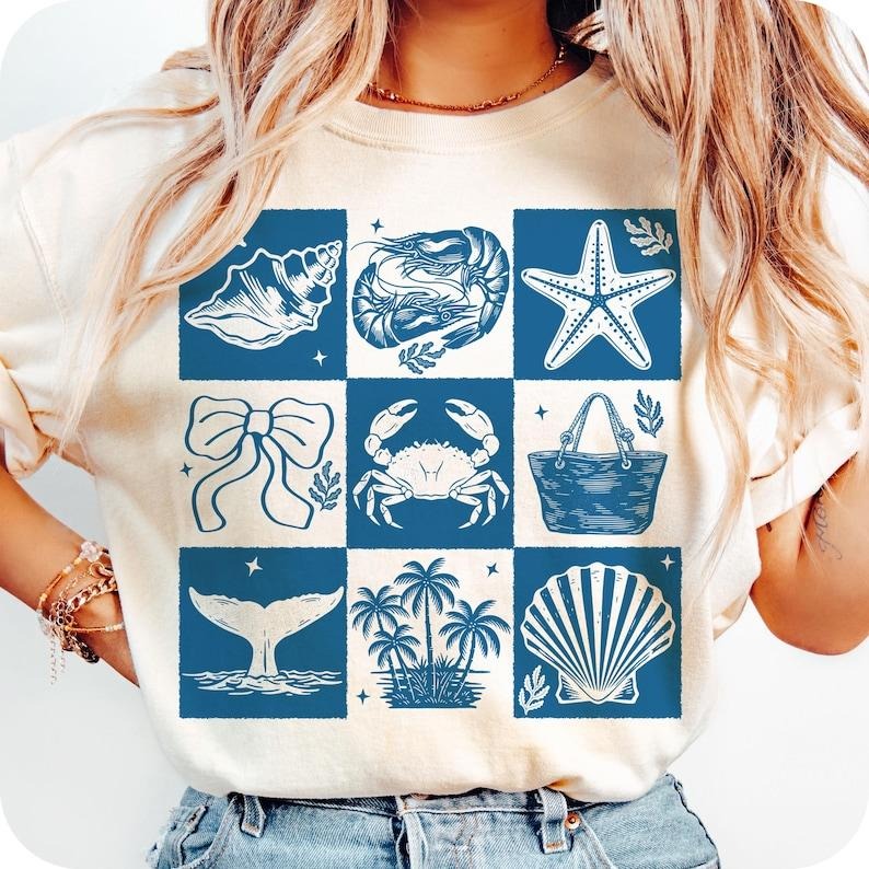 Retro Checkered Summer Vibes Girly Coastal Beach Coquette Girls Trip T-Shirt