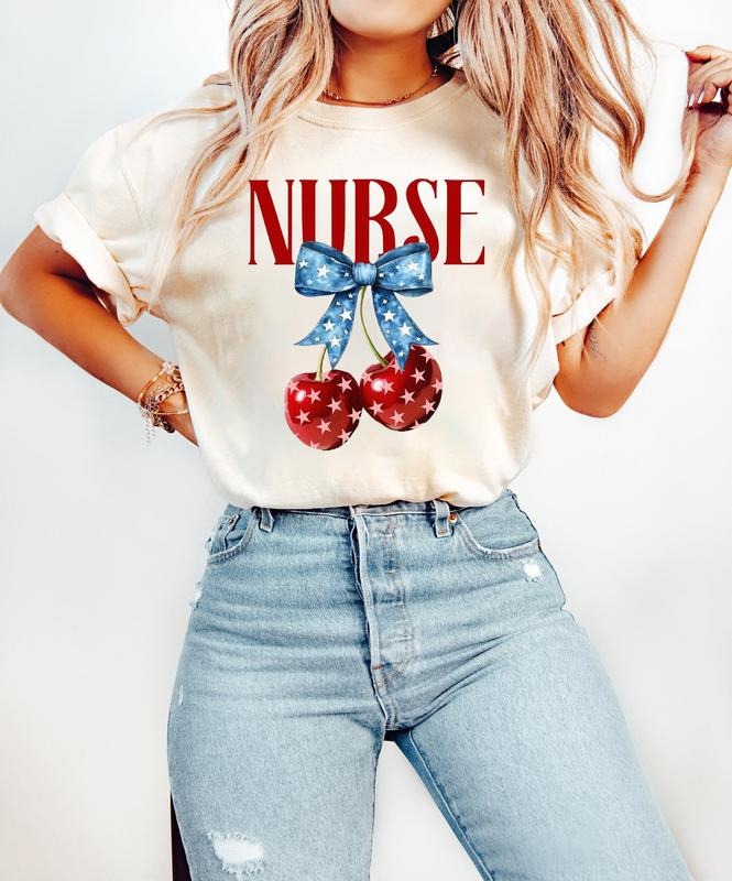 Retro Cherry Bow USA Nurse Shirt, Nurse 4th of July Woman, America Nurse Shirt, USA Flag Tee