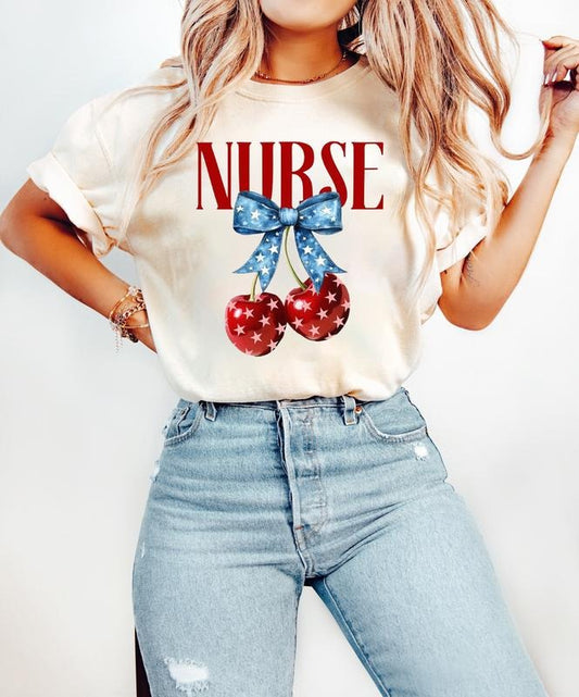 Retro Cherry Bow USA Nurse Shirt, Nurse 4th of July Woman, America Nurse Shirt, USA Flag Tee