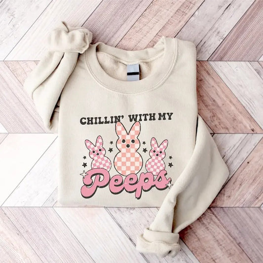 Retro Chillin With My Peeps Sweatshirt, Cute Easter Bunny Sweatshirt, Matching Family Easter Day Sweatshirt, Happy Easter...