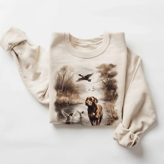 Retro Chocolate Lab Dog and Mallard Ducks Sweatshirt 90s Vintage Labrador Retriever Hunting Duck Cotton Pullover Unisex