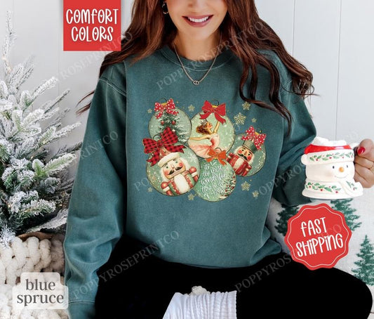 Retro Christmas Ornament Sweatshirt Comfort Colors,  Cute Christmas Sweater Womenswear,  Holiday Crewneck