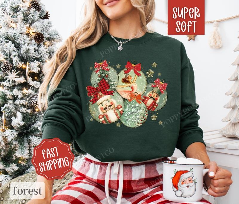 Retro Christmas Ornament Sweatshirt, Cute Christmas Sweater, Women's Holiday Crewneck