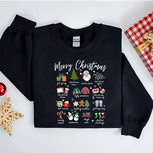 Retro Christmas Sweatshirt for Women and Men, Loose Fit Holiday Sweater with Cute Christmas Doodles - Pullover, Fabric
