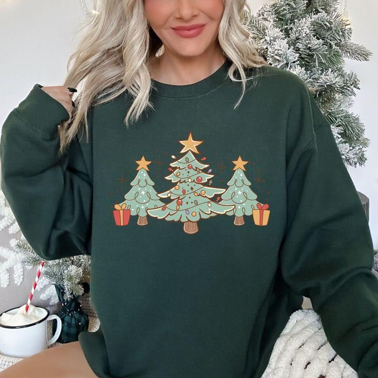 Retro Christmas Trees Sweatshirt, Holiday Crewneck Pullover, Holiday Shirts, Matching Family Shirts, Trendy Winter Sweater, Xmas Gift