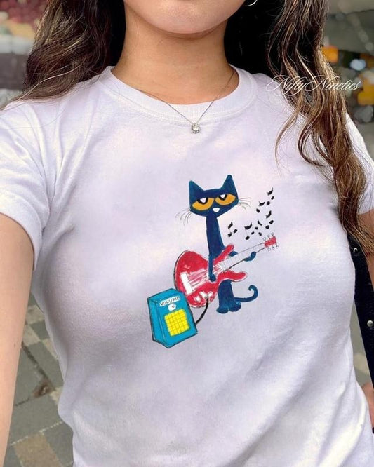 Retro Cool Cat Baby Tee, Babytee Y2k Streetwear, Quirky Vintage Graphic Top, Guitar Bass Tee, Funny 90s Tshirt, Grunge Aesthetic Shirt