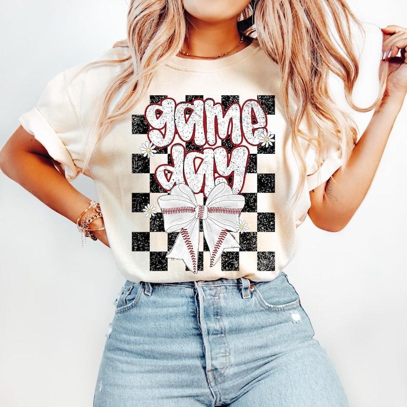Retro Coquette, Game Day  Mama, Baseball Mom, Checkered Baseball Bow Tshirt Cotton Hoodie, Sweatshirt | WearSparks.com