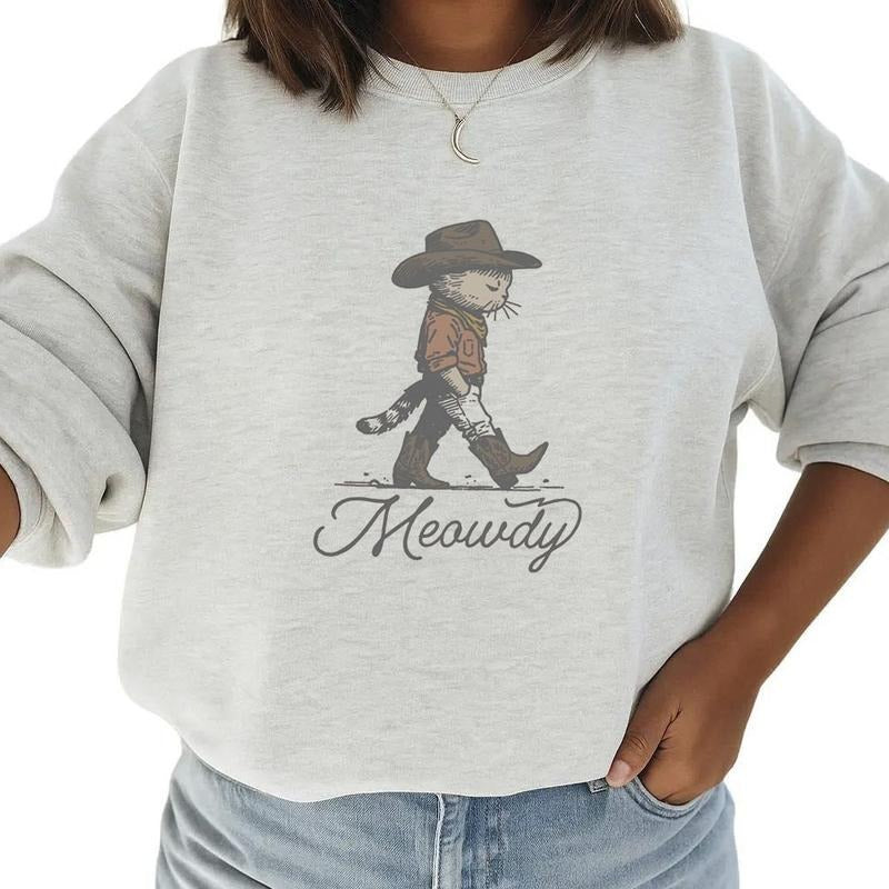Retro Cowboy Cat Meowdy Shirt, Funny Cat Tee for Unisex Cool Cute Country Western Cat Vintage Sweatshirt Cat Lover Gift Cotton Womenswear