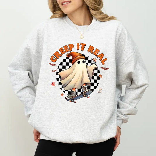 Retro Creep It Real Ghost Skateboarding Sweatshirt, Vintage Skateboarding Boo Crewneck, Funny Halloween Ghost Sweater, Cute Halloween Unhinged Tees, Comfy Long Sleeve Pullover, Women's Tops, Fall Winter Casual Womenswear, Comfort Cotton Fabric Relaxed Top