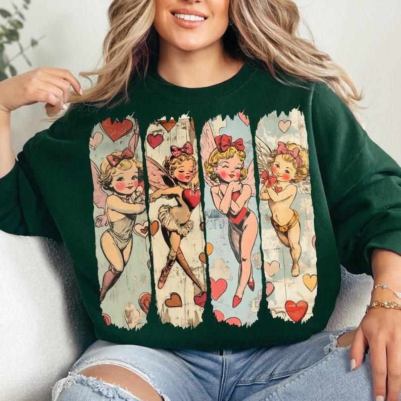 Retro Cupid Coquette bow Sweatshirt, Retro Valentine  Baby Cupid Sweatshirt,  Valentine Love Sweatshirt T-Shirts, Hoodie