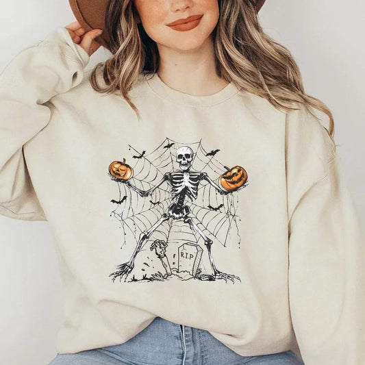 Retro Dancing Skeleton Sweatshirt, Funny Skeleton Sweater, Cute Skull Halloween, Spooky Season Tshirt, Womens Halloween...