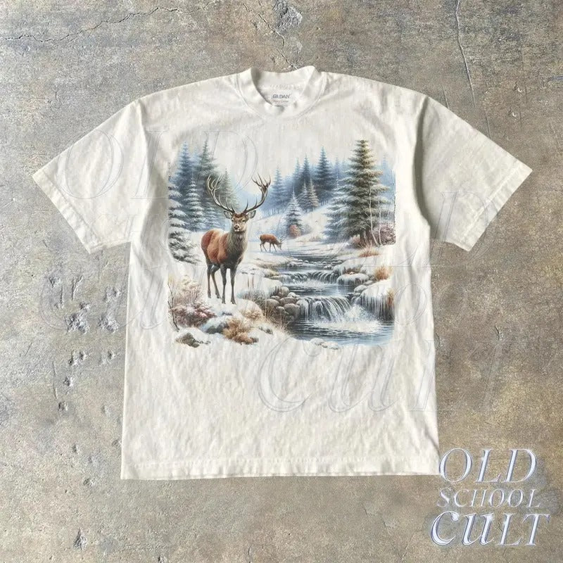 Retro Deer Snowy Nature 90s Shirt, Vintage Mystical Deer Nature Camping Outfit, Boho Unisex Adult Shirt, Nature Wildlife Shirt, Hunter Shirt