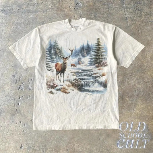 Retro Deer Snowy Nature 90s Shirt, Vintage Mystical Deer Nature Camping Outfit, Boho Unisex Adult Shirt, Nature Wildlife Shirt, Hunter Shirt
