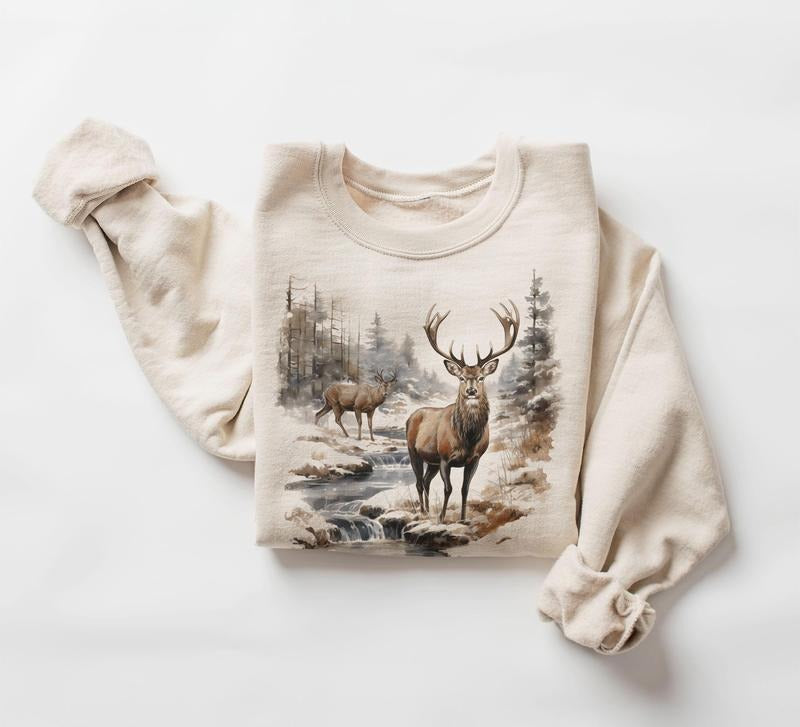 Retro Deer Sweatshirt, Vintage Buck And Doe Deer Sweater, Christmas Sweatshirt, Retro Deer Shirt, Buck Shirt, Animal Lover Shirt, Vintage Buck Shirt, Retro Fall Shirt, Hunting Camo Shirt