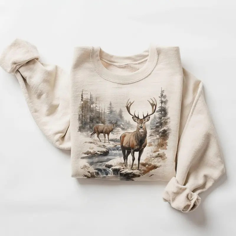 Retro Deer Wilderness Scene Sweatshirt T-shirt Vintage Buck And Doe Deer Cotton Pullover Hoodie Womenswear Day