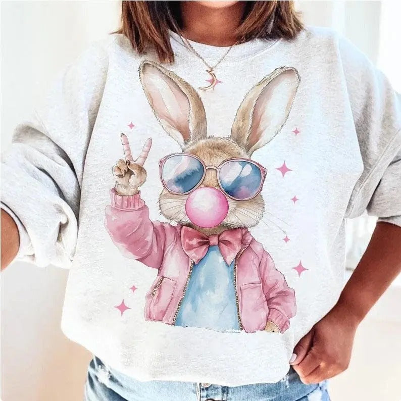Retro Easter Bunny Blowing Bubble Sweatshirt, Vintage Happy Easter Sweater, Coquette Easter Shirt, Funny Easter Bunnie Sunglasses Easter Holiday Shirt, 2025 Easter Day Gift