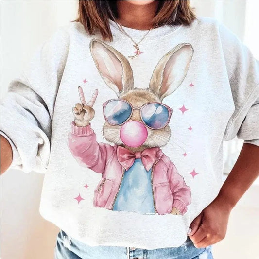Retro Easter Bunny Blowing Bubble Sweatshirt, Vintage Happy Easter Sweater, Coquette Easter Shirt, Funny Easter Bunnie Sunglasses Easter Holiday Shirt, 2025 Easter Day Gift