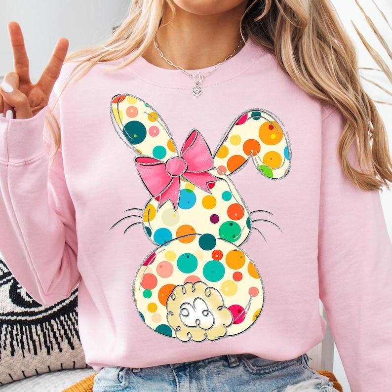 Retro Easter Bunny , Happy Easter , Pink Easter Bow , Floral Spring , Girls Pink Easter , Polka Dot Bunny Ears Sweatshirt...