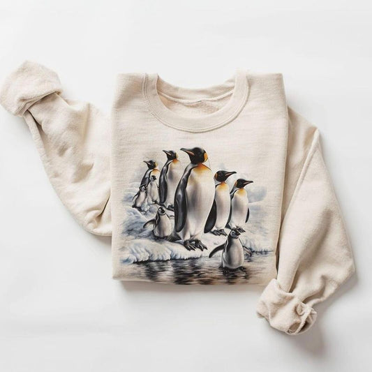Retro Emperor Penguin Colony Sweatshirt - Nineties 90s Vintage Baby Penguins Arctic Sea Ice Scene Cotton Pullover Womenswear Day