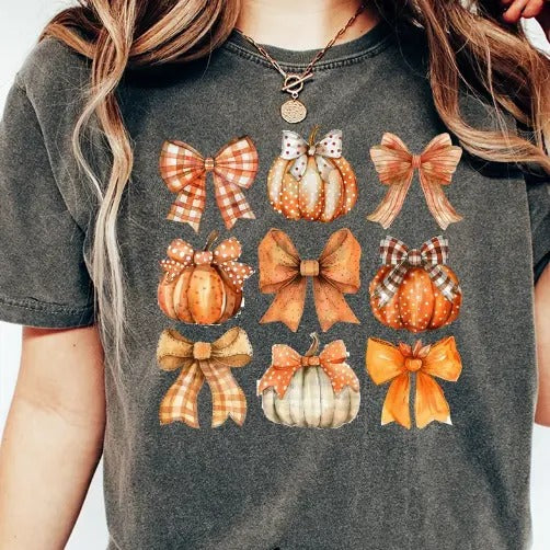 Retro Fall Pumpkin Bow Shirt, Fall Coquette Bow Shirt, Autumn Pumpkin Tee, Fall T-Shirt , Autumn Sublimation , Autumn Bow Shirts