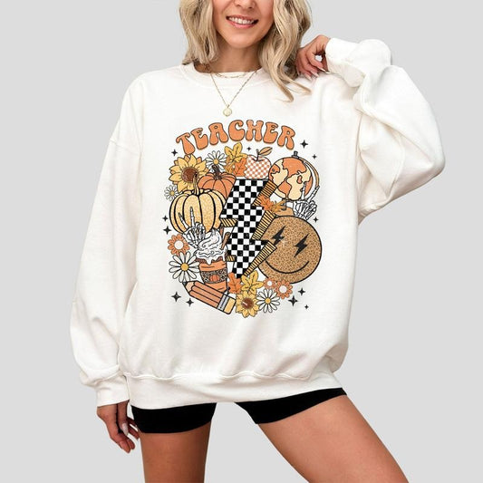 Retro Fall Teacher Shirt, Fall Vibes Teacher Sweatshirt, Vintage Pumpkin Teacher Shirt, Back To School Autumn, Teacher Gift, Teacher Pumpkin Shirt, Kindergarten Sweatshirt, Teacher Fall Shirt, Thanksgiving Shirt for Teacher, Vintage Shirt for Women,