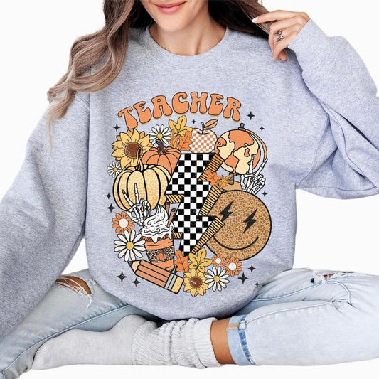 Retro Fall Teacher Shirt, Fall Vibes Teacher Sweatshirt, Vintage Pumpkin Tee, Back To School Autumn, Teacher Autumn Shirt, Kindergarten Sweatshirt, Thanksgiving Shirt for Teachers, Vintage Shirt for Women Top Casual Comfort