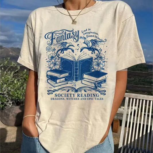 Retro Fantasy Readers Society Shirt, Bookish Shirt for Romance Readers, Gift for Book Lovers Bookish Gift, Vintage Reading T-Shirt for Women Casual Cotton