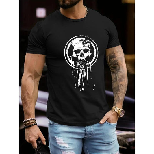 Retro Fashion Men's Crew Neck Short Sleeve T-Shirt With Skull Graphic Print - Casual Outdoor Activewear - Summer Breathable Knitted Fabric Made in USA