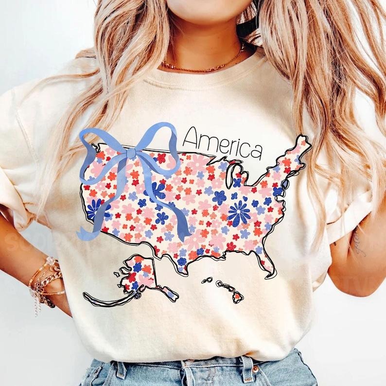 Retro Floral America tshirt, Retro 4th of July shirt, Retro USA tshirt, Memorial Day shirt, America shirt, Floral Coquette USA tshirt, Patriotic shirt, women's shirts, Gift for Mom, Menswear Top, women top, Gift For menswear
