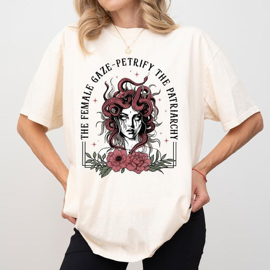 Retro Floral Snake-crowned Maiden Comfort Colors Shirt, Vintage The Female Gaze Petrify The Patriarchy Tee, Feminist T-shirt, Women's Right Tee