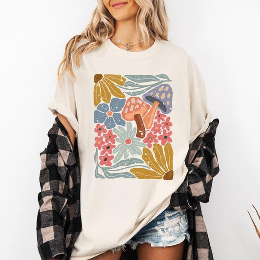 Retro Flowers, Mushrooms, Floral, Vintage, Comfort Colors T-Shirt, Women's Comfort Colors Tee