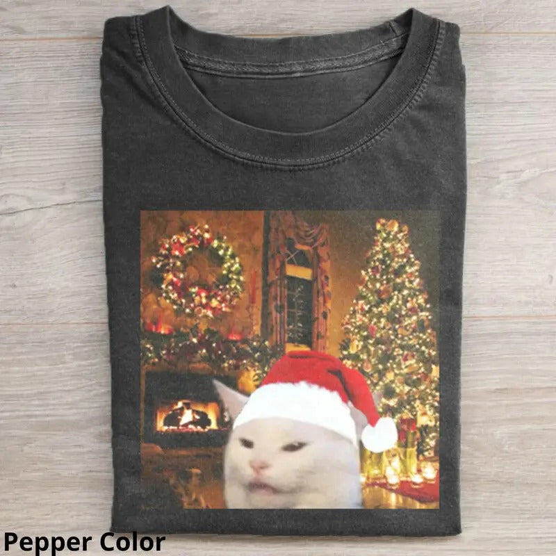 Retro Funny Cute Christmas Cat meme T-shirt for Women, Short Sleeve Crewneck Tee Top Womenswear Hoodie, Sweatshirt