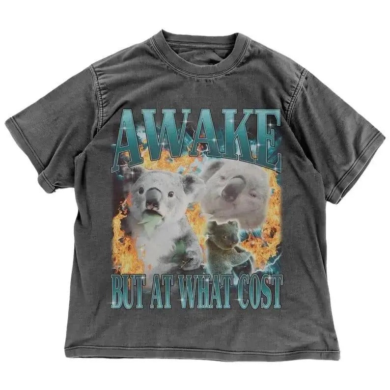 Retro Funny Koala T-shirt | Awake But At What Cost | Coffee Addict Sarcastic Meme | Coffee Lover Gift | Night Shift Worker Student Gift 100% cotton