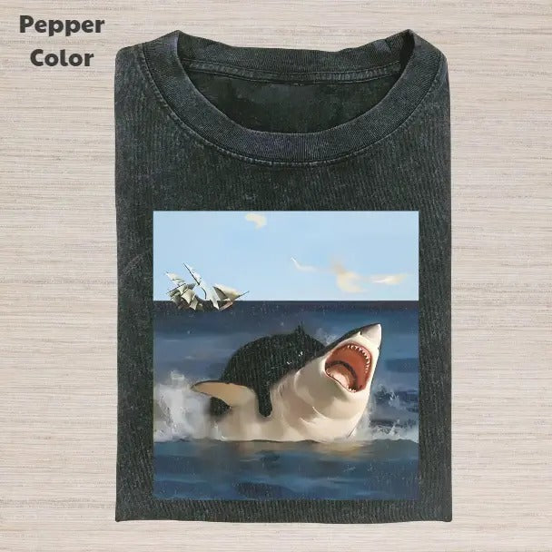 Retro Funny Vintage Graphic Tee, Fat Cat Vs Shark T-Shirt, Unisex Meme Cringe Funny Dumb Shirt, Menswear Womenswear Streetwear