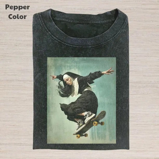 Retro Funny Vintage Graphic Tee, Nun Skateboarding T-Shirt, Unisex Meme Cringe Funny Dumb Shirt, Menswear Womenswear Streetwear Cotton Comfort