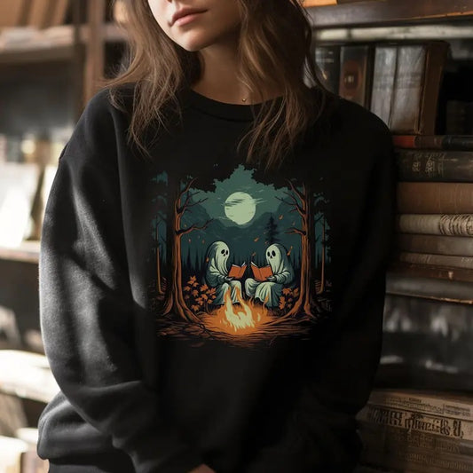 Retro Ghost Book Reading Camping Gothic Halloween Teachers Sweatshirt, Vintage Ghost Book Reading Shirt, Halloween Trip Shirt, Camping Gothic Shirt, Ghost Reading Books Shirt, Halloween Teacher Librarian Gift, Spooky Trip Halloween Sweatshirt