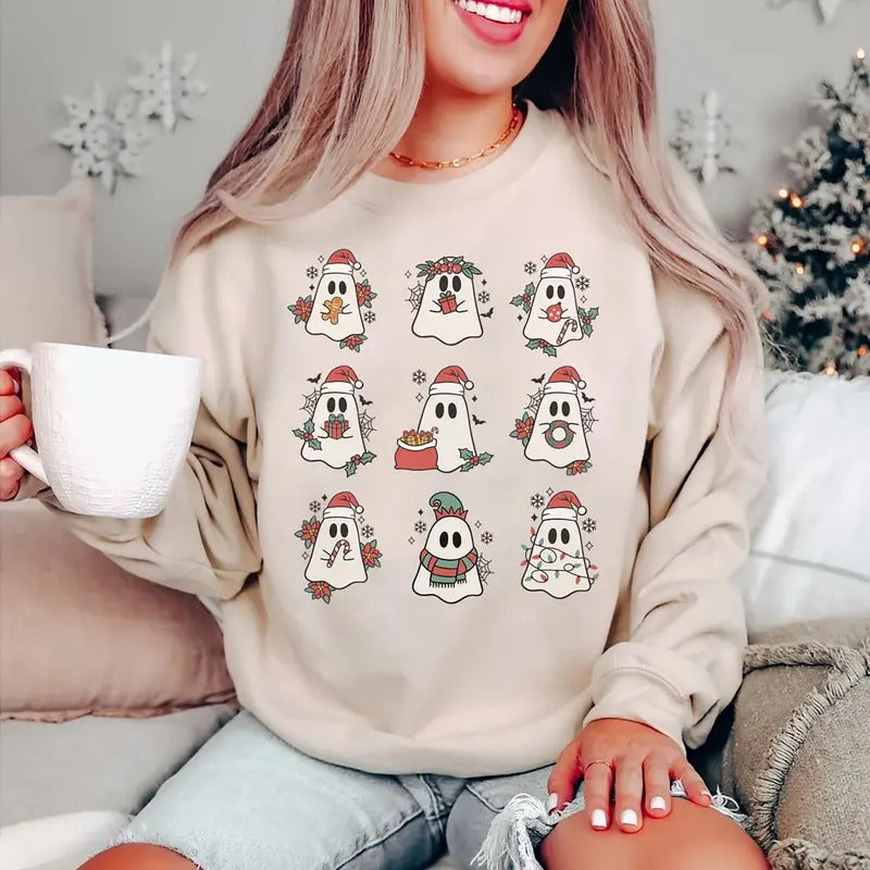Retro Ghost Christmas Sweatshirt, Cute Ghost Christmas T-Shirt, Xmas Ghost Tee Shirt, Holiday Ghost Sweater, Gift For Holiday
