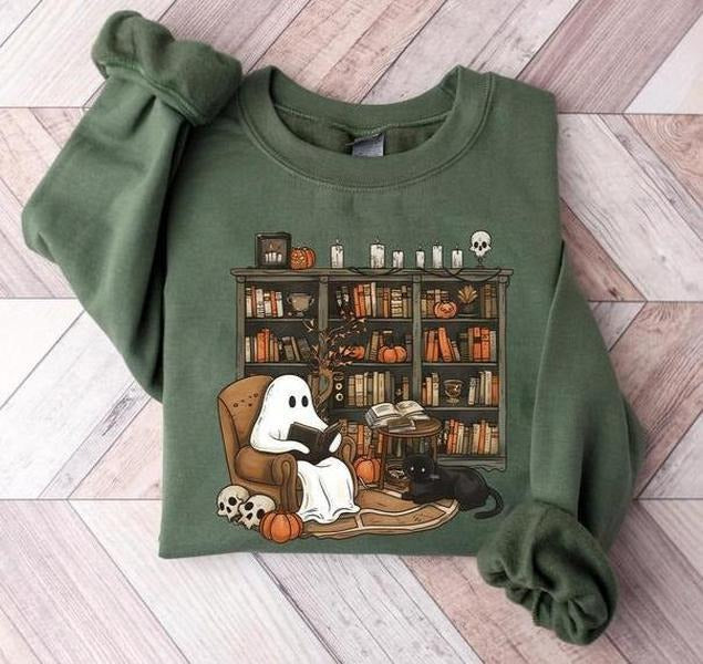 Retro Ghost Reading Books Sweatshirt - T-shirt - Hoodie, Librarian Ghost Halloween Shirt, Halloween Teacher Sweatshirt, Ghost Halloween Shirt, Teacher Halloween Gift Shirt, Unisex Halloween Shirt, Casual Cotton Apparel for Men and Women
