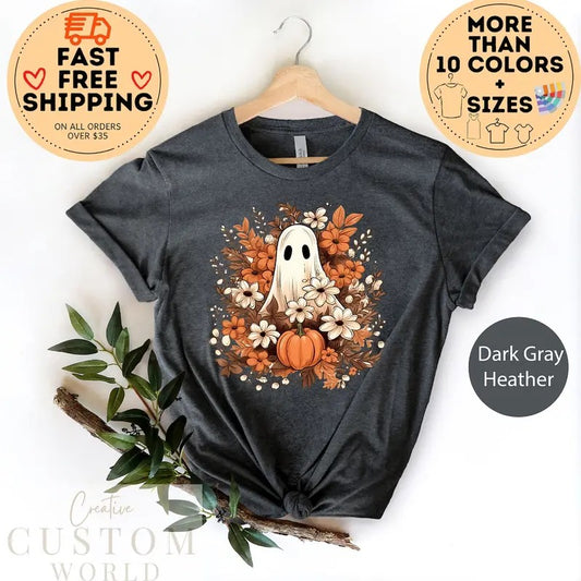 Retro Ghost Shirt, Vintage Floral Ghost Halloween Shirt, Flower Halloween Shirt, Cute Ghost Shirt, Retro Fall Shirt Cotton Womenswear