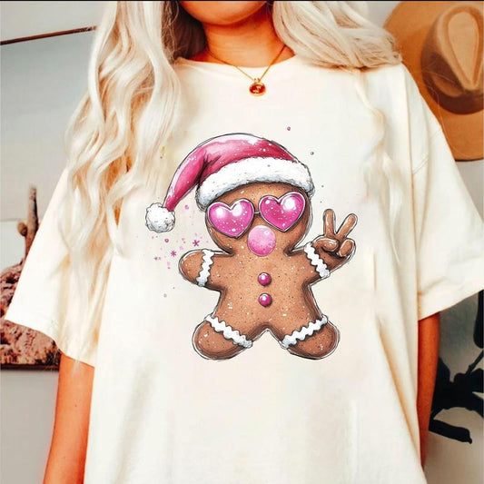 Retro Ginger , Gingerbread, Pink Christmas, Blowing Bubble, Vintage Christmas, PNG, Santa, Sunglasses