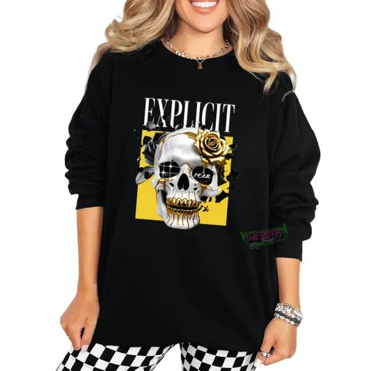 Explicit Skull w/Retro Gold & Yellow Tshirt, Hoodie, or Crewneck Sweatshirt - Bold Streetwear Grunge Vibes & Vintage-Inspired Casual Womenswear Cotton