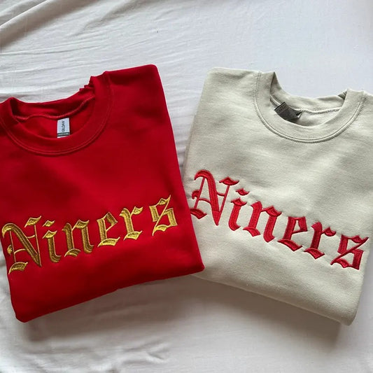 Retro Gothic Embroidery Sweatshirt, Red and Gold Cozycore Pullover, Game Day Vibes Hoodie Look, Vintage Sporty Unisex Top