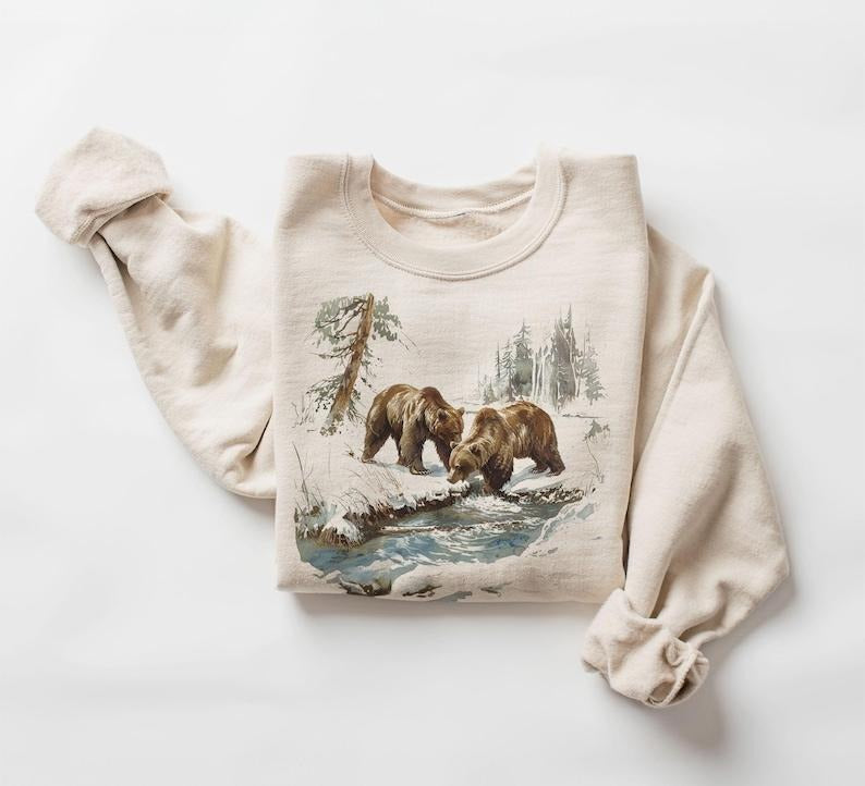 Retro Grizzly Bears Wilderness Scene Sweatshirt - Nineties 90s Vintage Brown Bear Outfit - Boho Unisex Crewneck Sweatshirt