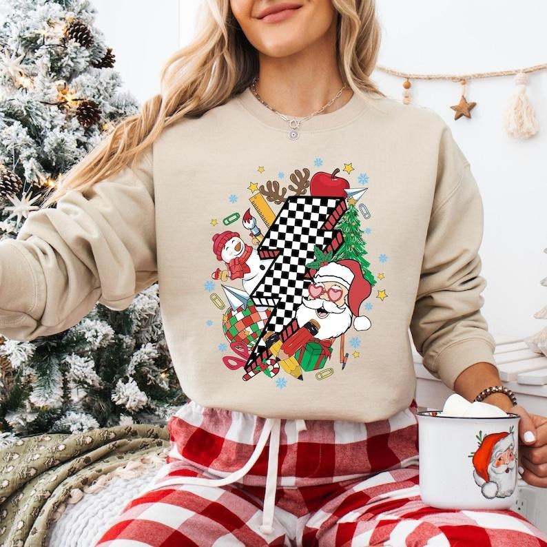 Retro Groovy Teacher Christmas Sweatshirt, Santa's Favorite Teacher T-shirt, Very Merry Teacher Tee, Xmas Teacher Life Hoodie, Xmas Gifts