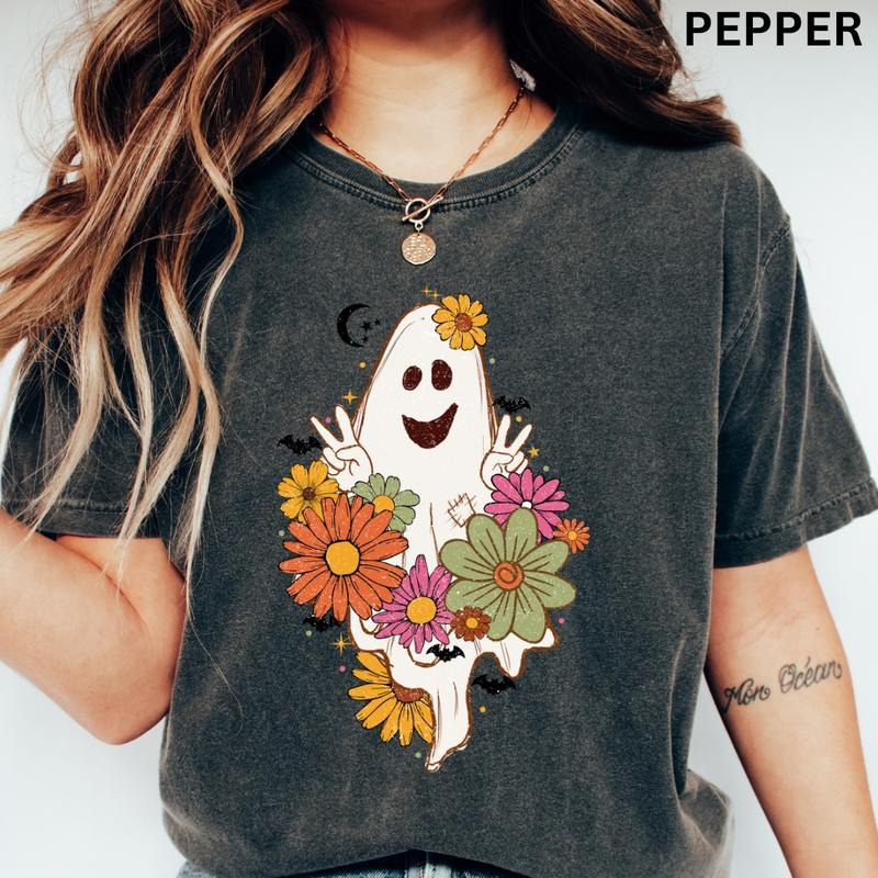 Retro Halloween Graphic Shirt,  Floral ghost Shirt, Halloween Shirt, Ghost shirt, Comfort Colors Halloween Shirt, Casual Shirt Unisex, Halloween Clothing, Graphic Halloween Apparel, Casual Cotton T-shirt, Unisex Halloween