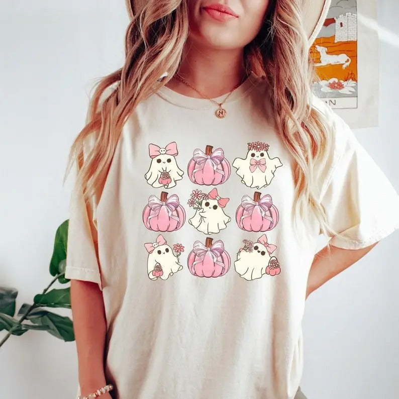 Retro Halloween Shirt, Coquette Halloween Shirt, Hallowen Pumpkin Shirt, Pink Pumpkin Shirt, Pumpkin Coquette Bow Shirt, Coquette Ghost Shirt Top Womenswear Underwear Lady Comfort Tshirt
