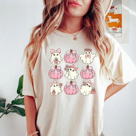 Retro Halloween Shirt, Coquette Halloween Shirt, Hallowen Pumpkin Shirt, Pink Pumpkin Shirt, Pumpkin Coquette Bow Shirt, Coquette Ghost Shirt Top Womenswear Underwear Lady Comfort Tshirt