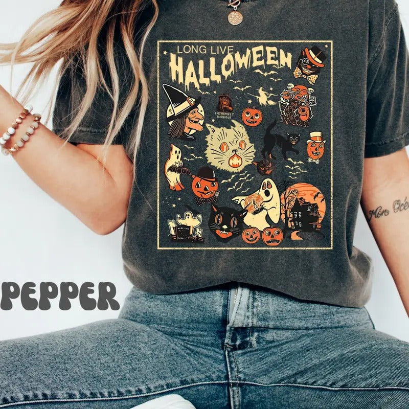 Retro Halloween Shirt, Long Live Halloween, Vintage Halloween Shirt, Retro Halloween, Fall Apparel, Spooky Season Tee Pumpkin Shirt Black Cat, Unisex Shirt Comfort Cotton