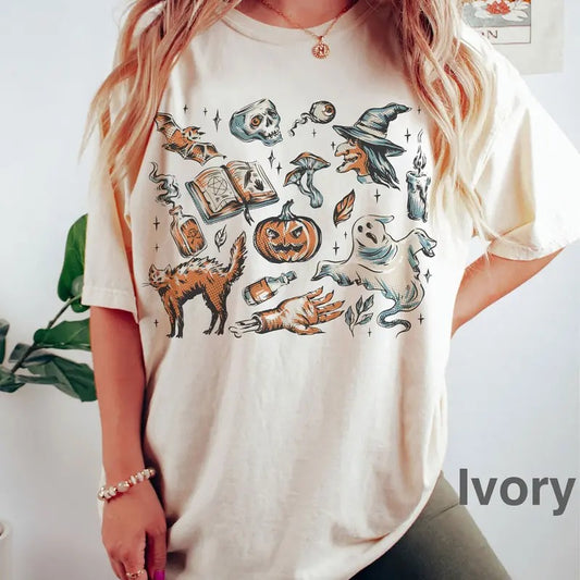 Retro Halloween Shirt,Vintage Halloween doodles t-shirt, Halloween things shirt, cute Halloween t-shirt, witch t-shirt, magic tee, Comfort Colors Shirt