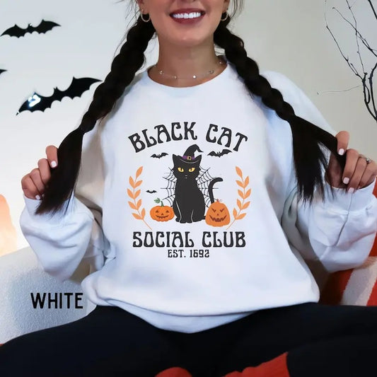 Retro Halloween cat sweatshirt, Black cat social club, Vintage Fall clothing, Spooky season sweater, Womens pumpkin...